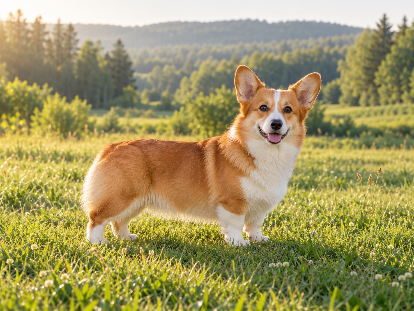 Illustrative red-and-white Pembroke Welsh corgi standing in a sunlit meadow